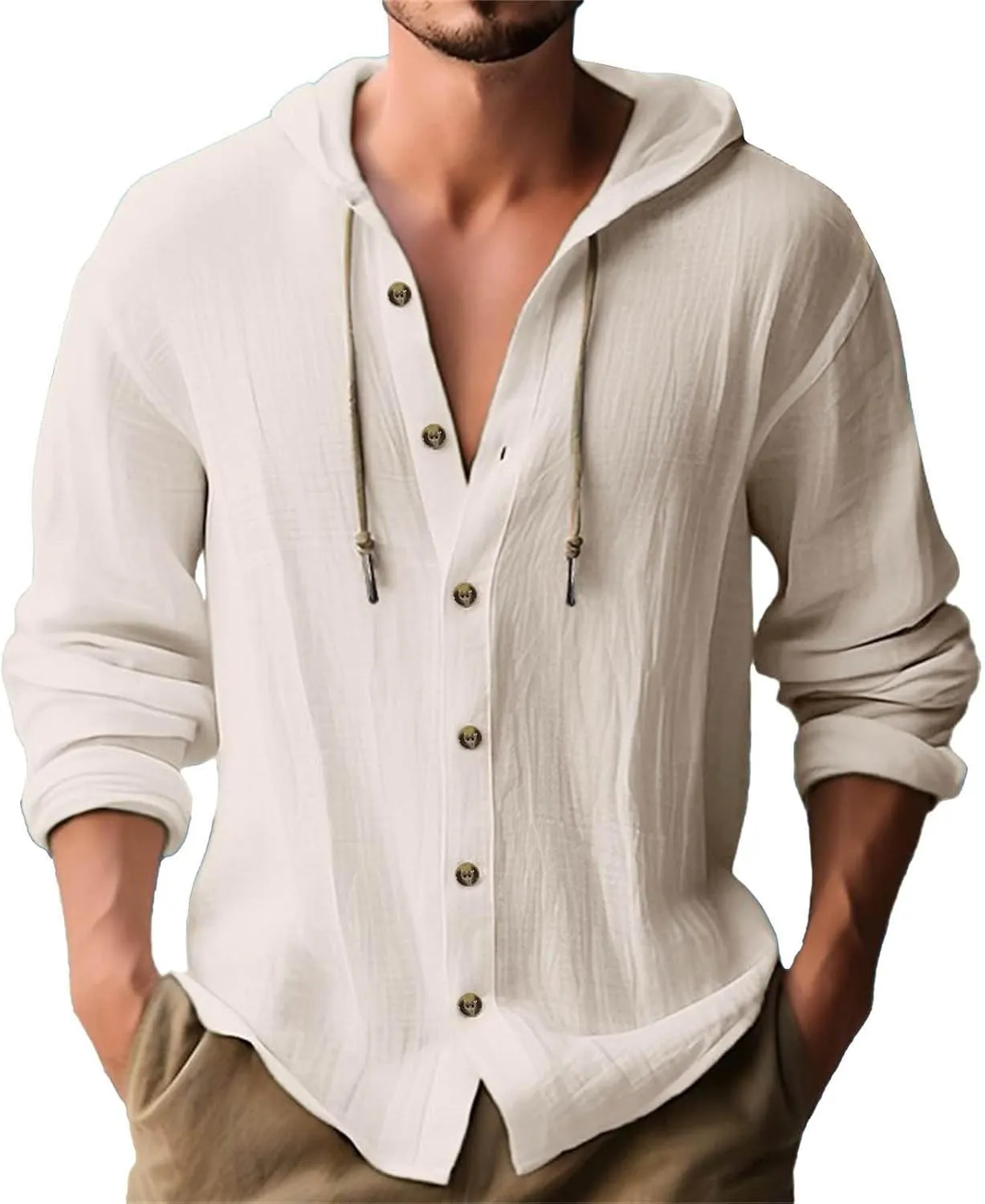 Mens Cotton Linen Hooded Shirts Casual Button Down Shirts Long Sleeve Roll-Up Sleeve Summer Beach Shirts Tops with Hood