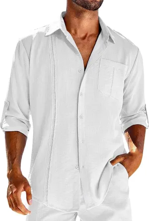 Mens Cuban Guayabera Shirt Casual Button Down Shirts Long Sleeve Summer Beach Shirts Cotton Linen Shirts for Men