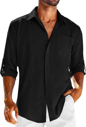 Mens Cuban Guayabera Shirt Casual Button Down Shirts Long Sleeve Summer Beach Shirts Cotton Linen Shirts for Men