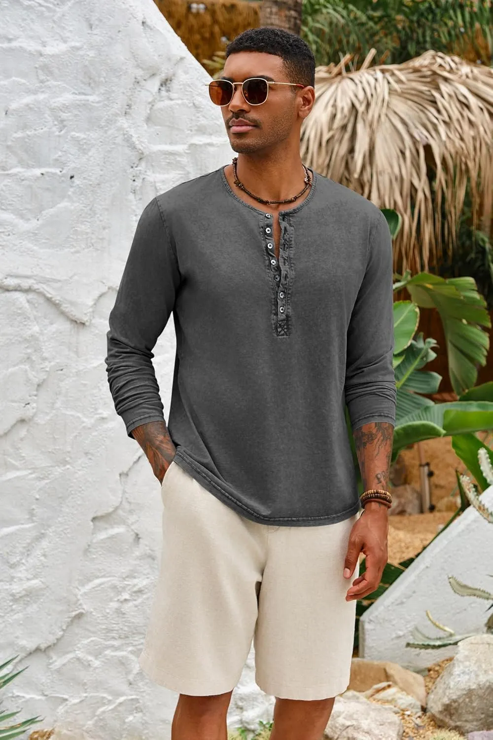 Mens Distressed Henley Shirts Front Placket Retro Long Sleeve Tee Shirts Casual Button Down Washed T-Shirts for Men
