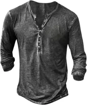 Mens Distressed Henley Shirts Front Placket Retro Long Sleeve Tee Shirts Casual Button Down Washed T-Shirts for Men