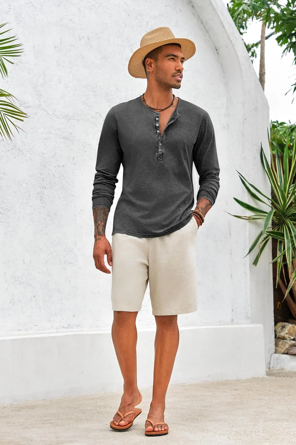 Mens Distressed Henley Shirts Front Placket Retro Long Sleeve Tee Shirts Casual Button Down Washed T-Shirts for Men