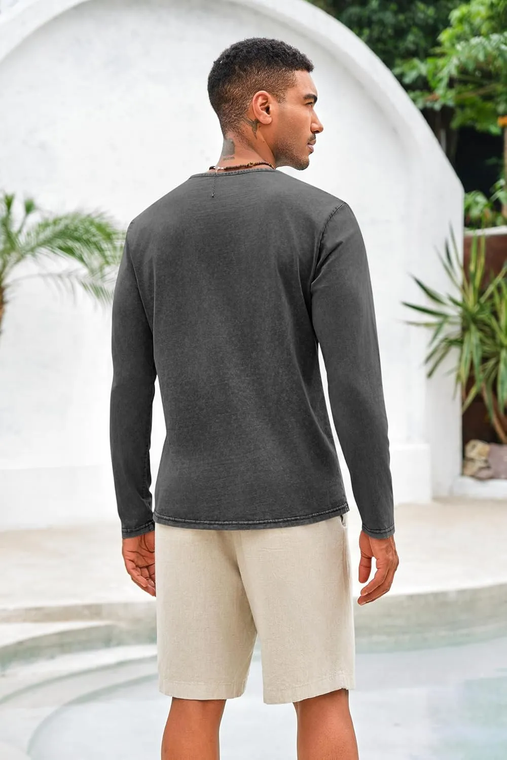 Mens Distressed Henley Shirts Front Placket Retro Long Sleeve Tee Shirts Casual Button Down Washed T-Shirts for Men