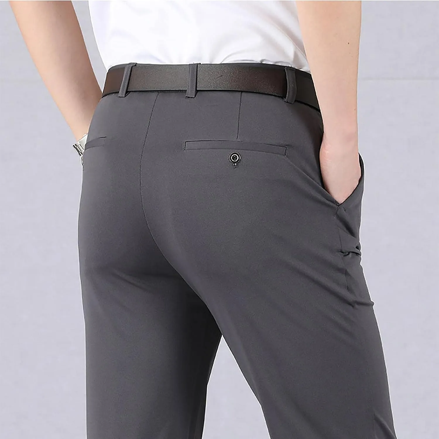 Men's Flat Front Dress Pants Straight Chino Pant Smart Business Stretch Suit Traveler Pant Slim Fit Khaki Trouser
