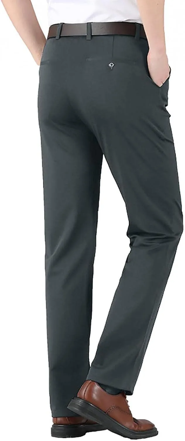 Men's Flat Front Dress Pants Straight Chino Pant Smart Business Stretch Suit Traveler Pant Slim Fit Khaki Trouser