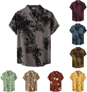Men's Hawaiian Floral Shirts Cotton Linen Button Down Tropical Holiday Beach Shirts Regular Fit Short Sleeve Shirts Top