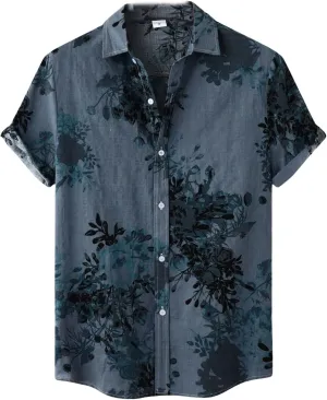 Men's Hawaiian Floral Shirts Cotton Linen Button Down Tropical Holiday Beach Shirts Regular Fit Short Sleeve Shirts Top