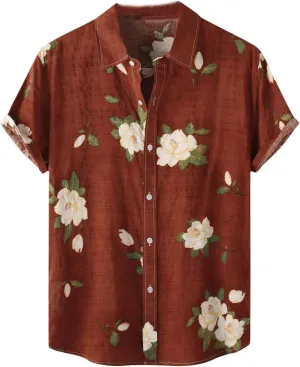 Men's Hawaiian Floral Shirts Cotton Linen Button Down Tropical Holiday Beach Shirts Regular Fit Short Sleeve Shirts Top