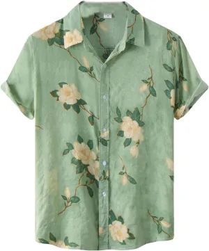 Men's Hawaiian Floral Shirts Cotton Linen Button Down Tropical Holiday Beach Shirts Regular Fit Short Sleeve Shirts Top