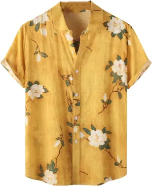 Men's Hawaiian Floral Shirts Cotton Linen Button Down Tropical Holiday Beach Shirts Regular Fit Short Sleeve Shirts Top