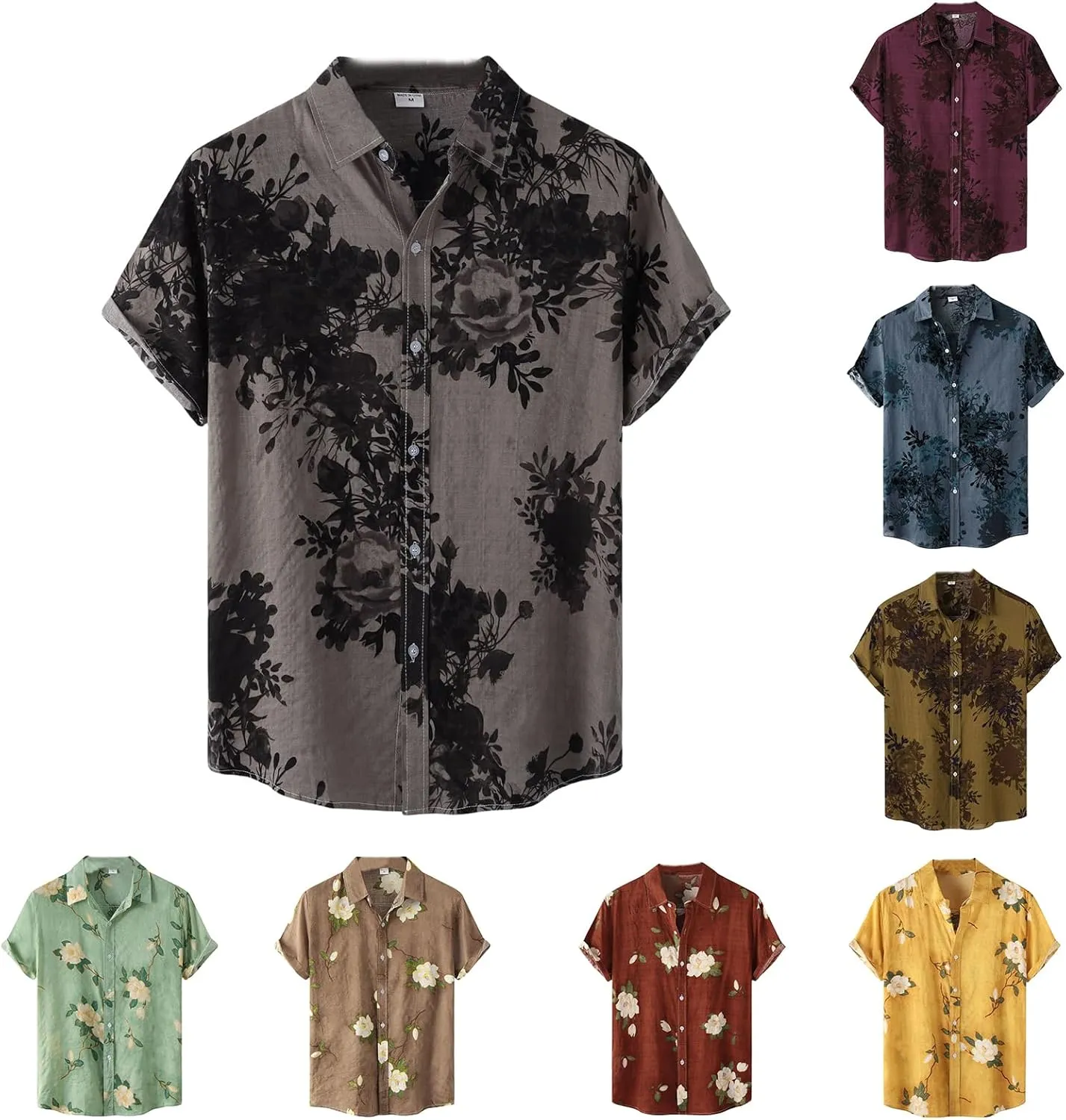 Men's Hawaiian Floral Shirts Cotton Linen Button Down Tropical Holiday Beach Shirts Regular Fit Short Sleeve Shirts Top