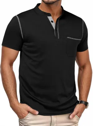 Mens Henley Shirts Short Sleeve Casual T Shirts Slim Fit Henley Muscle Tshirts Basic Button Tee Shirts with Pocket