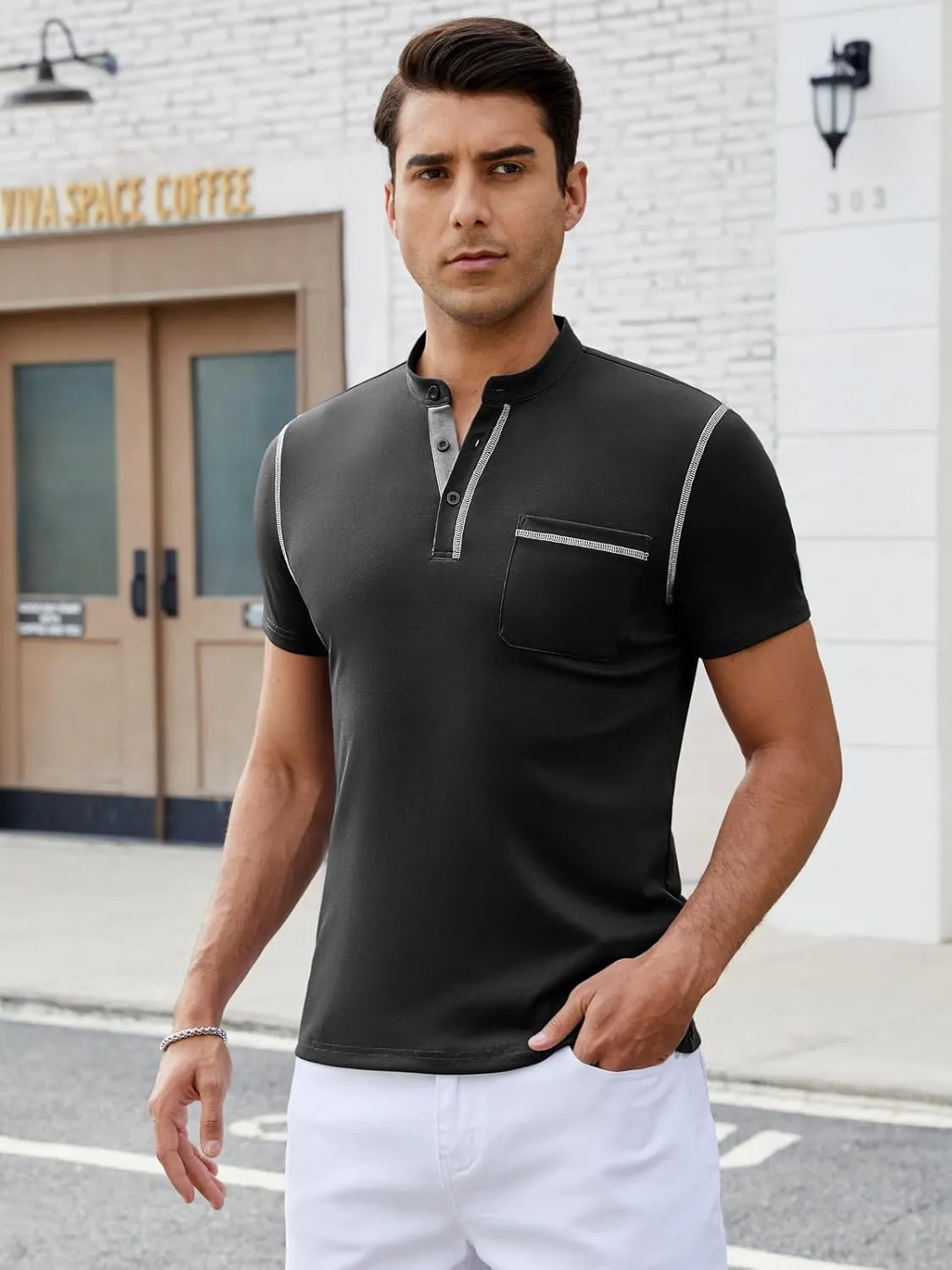 Mens Henley Shirts Short Sleeve Casual T Shirts Slim Fit Henley Muscle Tshirts Basic Button Tee Shirts with Pocket