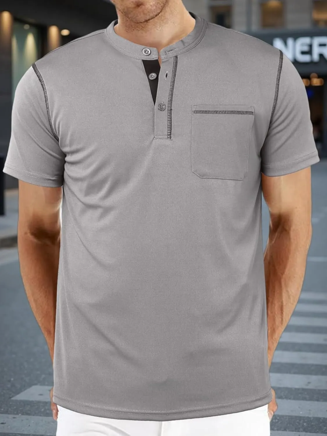 Mens Henley Shirts Short Sleeve Casual T Shirts Slim Fit Henley Muscle Tshirts Basic Button Tee Shirts with Pocket