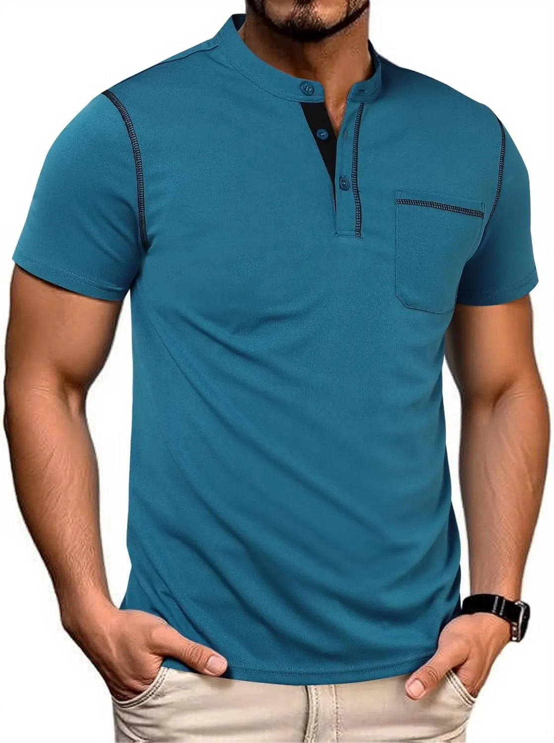 Mens Henley Shirts Short Sleeve Casual T Shirts Slim Fit Henley Muscle Tshirts Basic Button Tee Shirts with Pocket