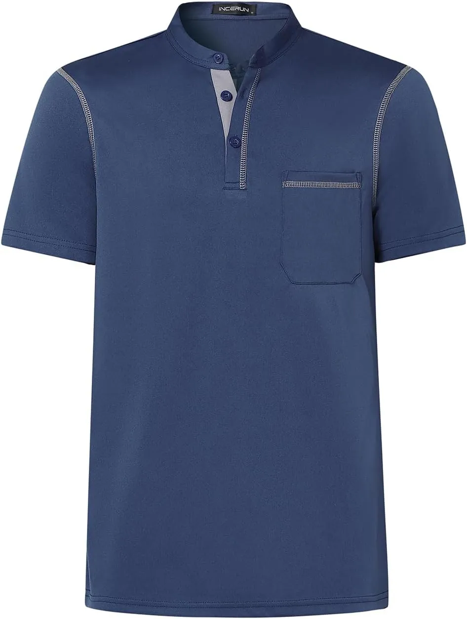 Mens Henley Shirts Short Sleeve Casual T Shirts Slim Fit Henley Muscle Tshirts Basic Button Tee Shirts with Pocket