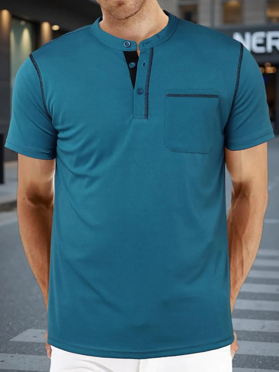 Mens Henley Shirts Short Sleeve Casual T Shirts Slim Fit Henley Muscle Tshirts Basic Button Tee Shirts with Pocket