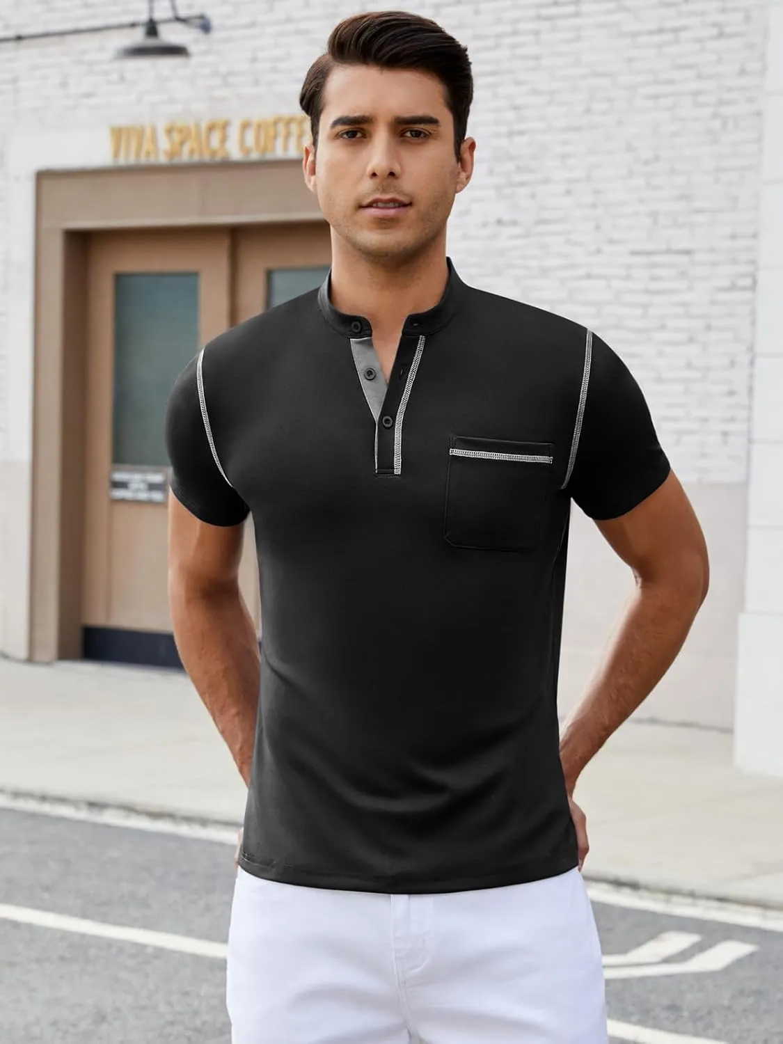 Mens Henley Shirts Short Sleeve Casual T Shirts Slim Fit Henley Muscle Tshirts Basic Button Tee Shirts with Pocket