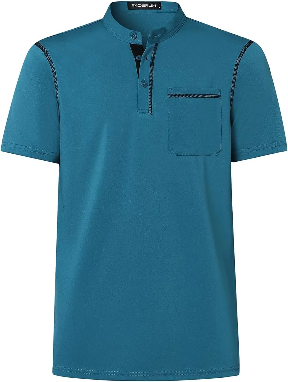 Mens Henley Shirts Short Sleeve Casual T Shirts Slim Fit Henley Muscle Tshirts Basic Button Tee Shirts with Pocket