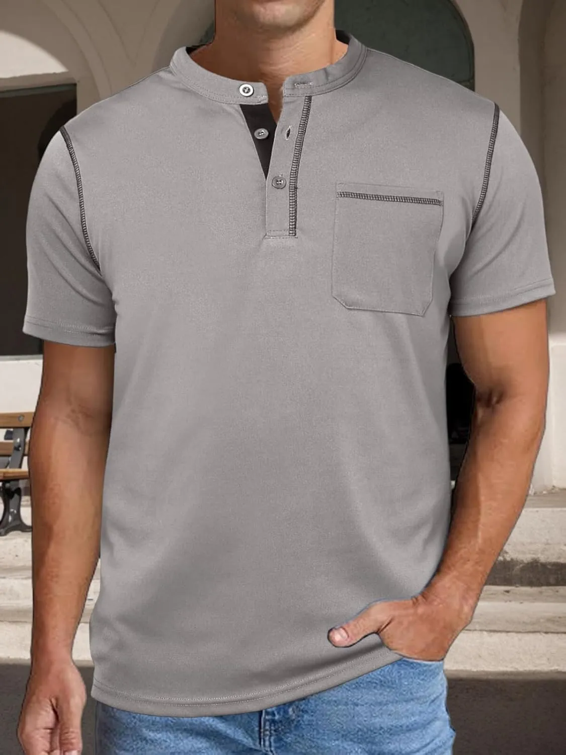 Mens Henley Shirts Short Sleeve Casual T Shirts Slim Fit Henley Muscle Tshirts Basic Button Tee Shirts with Pocket