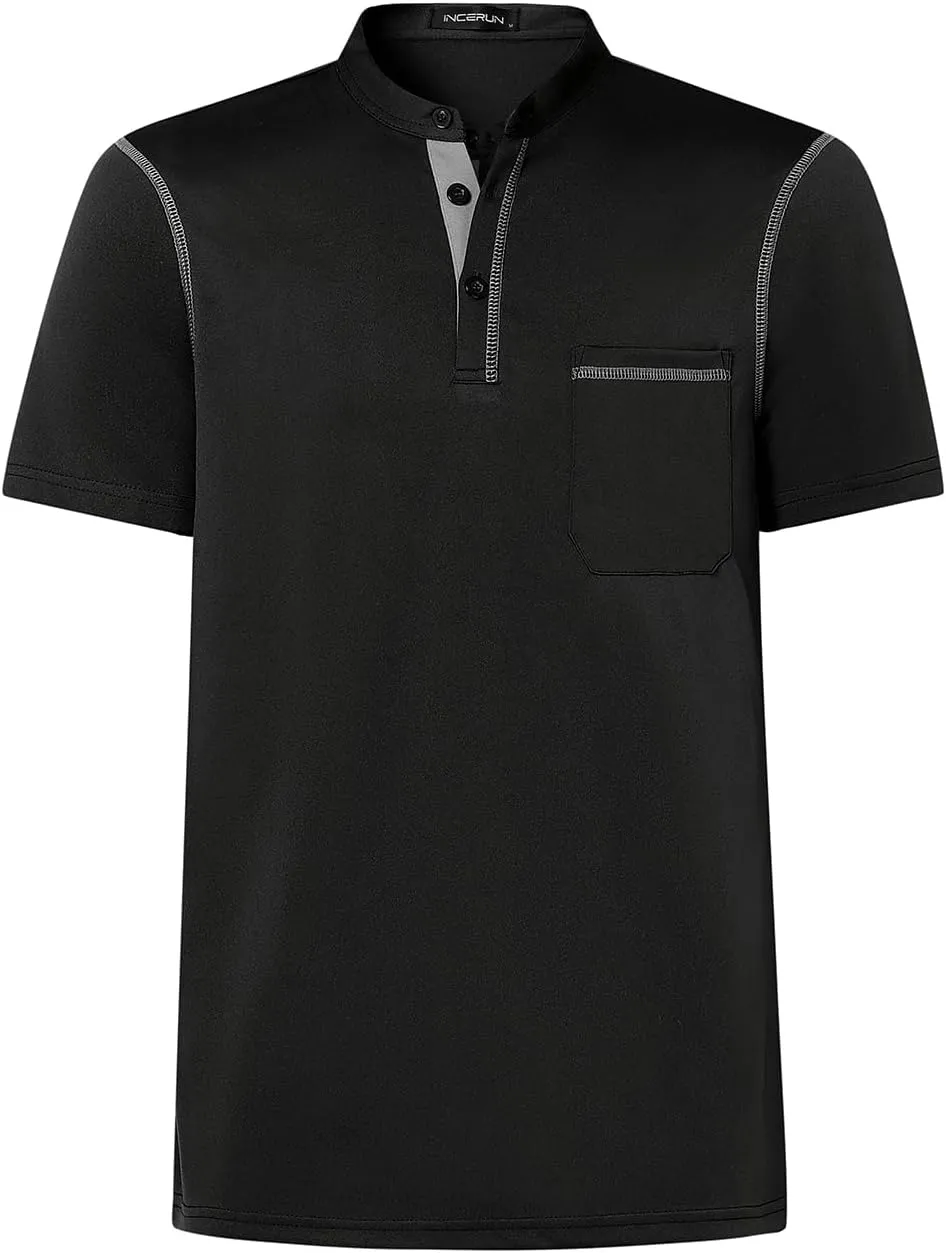 Mens Henley Shirts Short Sleeve Casual T Shirts Slim Fit Henley Muscle Tshirts Basic Button Tee Shirts with Pocket
