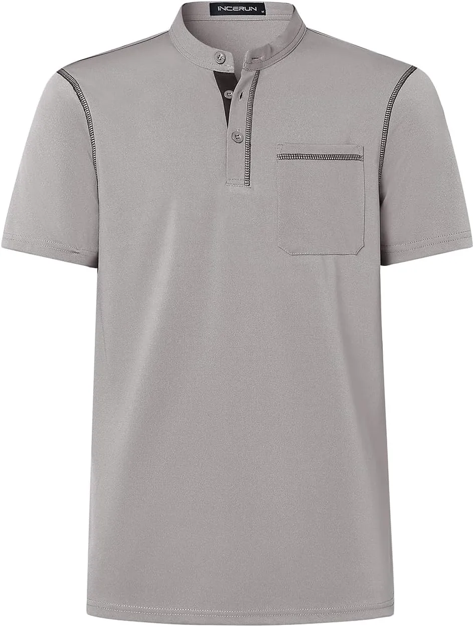 Mens Henley Shirts Short Sleeve Casual T Shirts Slim Fit Henley Muscle Tshirts Basic Button Tee Shirts with Pocket