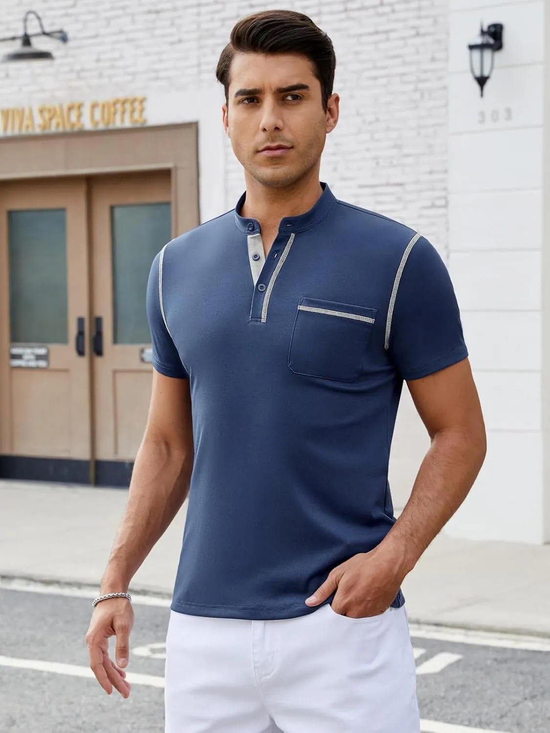 Mens Henley Shirts Short Sleeve Casual T Shirts Slim Fit Henley Muscle Tshirts Basic Button Tee Shirts with Pocket