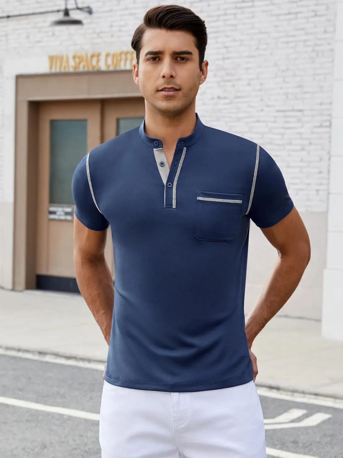 Mens Henley Shirts Short Sleeve Casual T Shirts Slim Fit Henley Muscle Tshirts Basic Button Tee Shirts with Pocket
