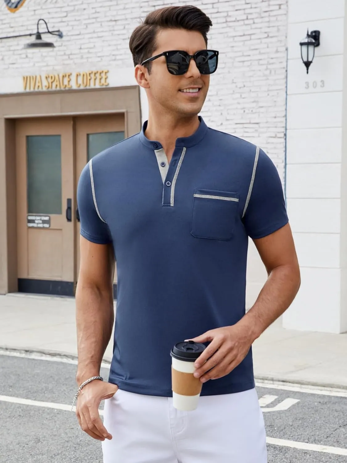 Mens Henley Shirts Short Sleeve Casual T Shirts Slim Fit Henley Muscle Tshirts Basic Button Tee Shirts with Pocket
