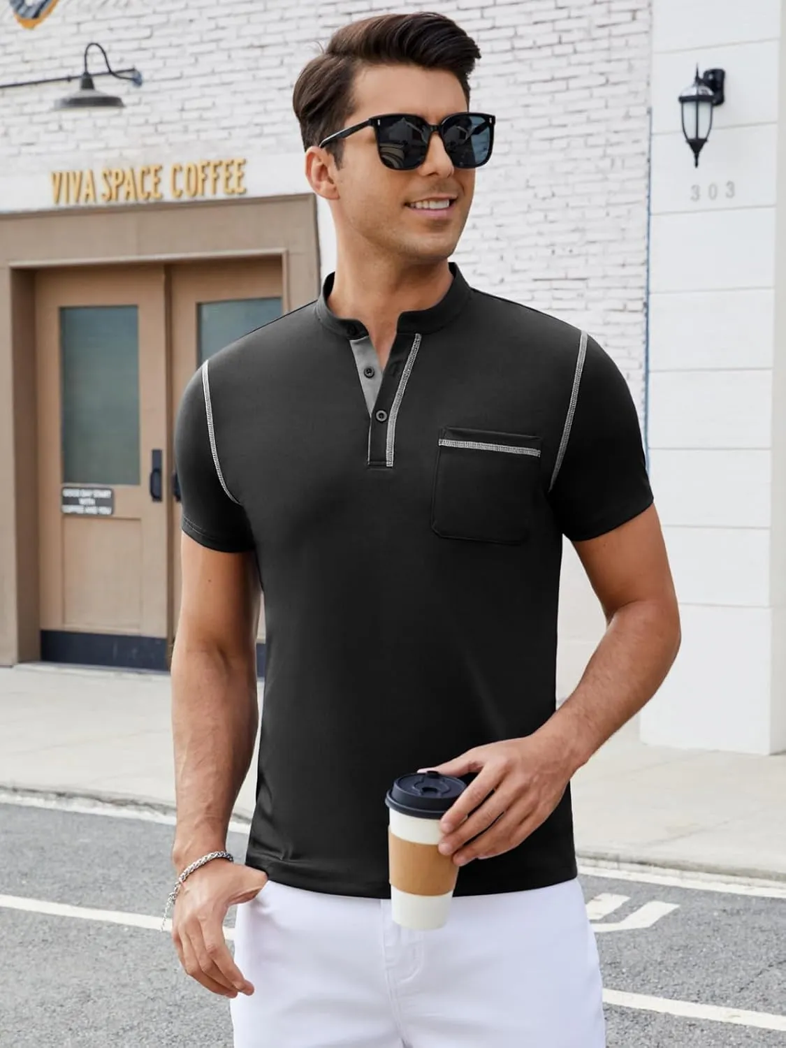 Mens Henley Shirts Short Sleeve Casual T Shirts Slim Fit Henley Muscle Tshirts Basic Button Tee Shirts with Pocket