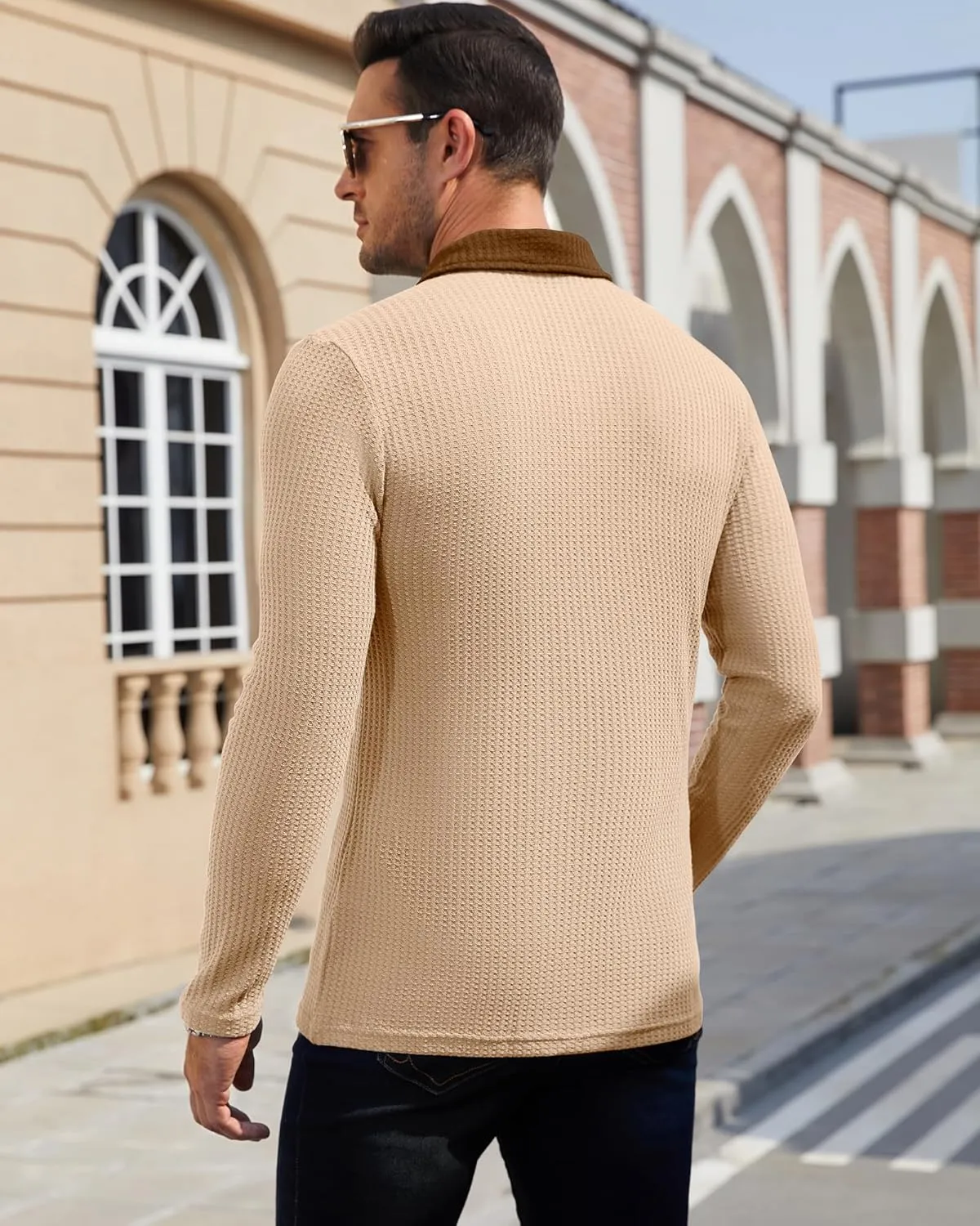 Men's Knit Long Sleeve Polo Shirts Casual Shirts Lightweight Waffle Texture Slim Fit Polo Shirts for Men with Pocket