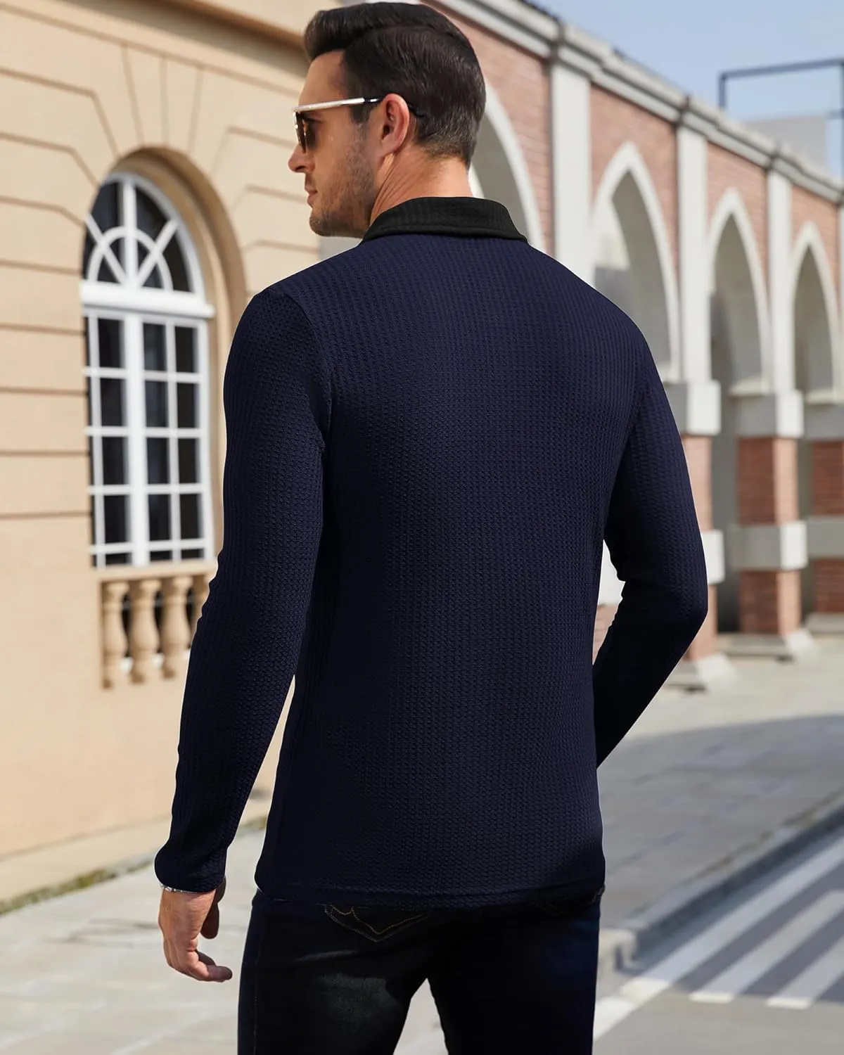 Men's Knit Long Sleeve Polo Shirts Casual Shirts Lightweight Waffle Texture Slim Fit Polo Shirts for Men with Pocket