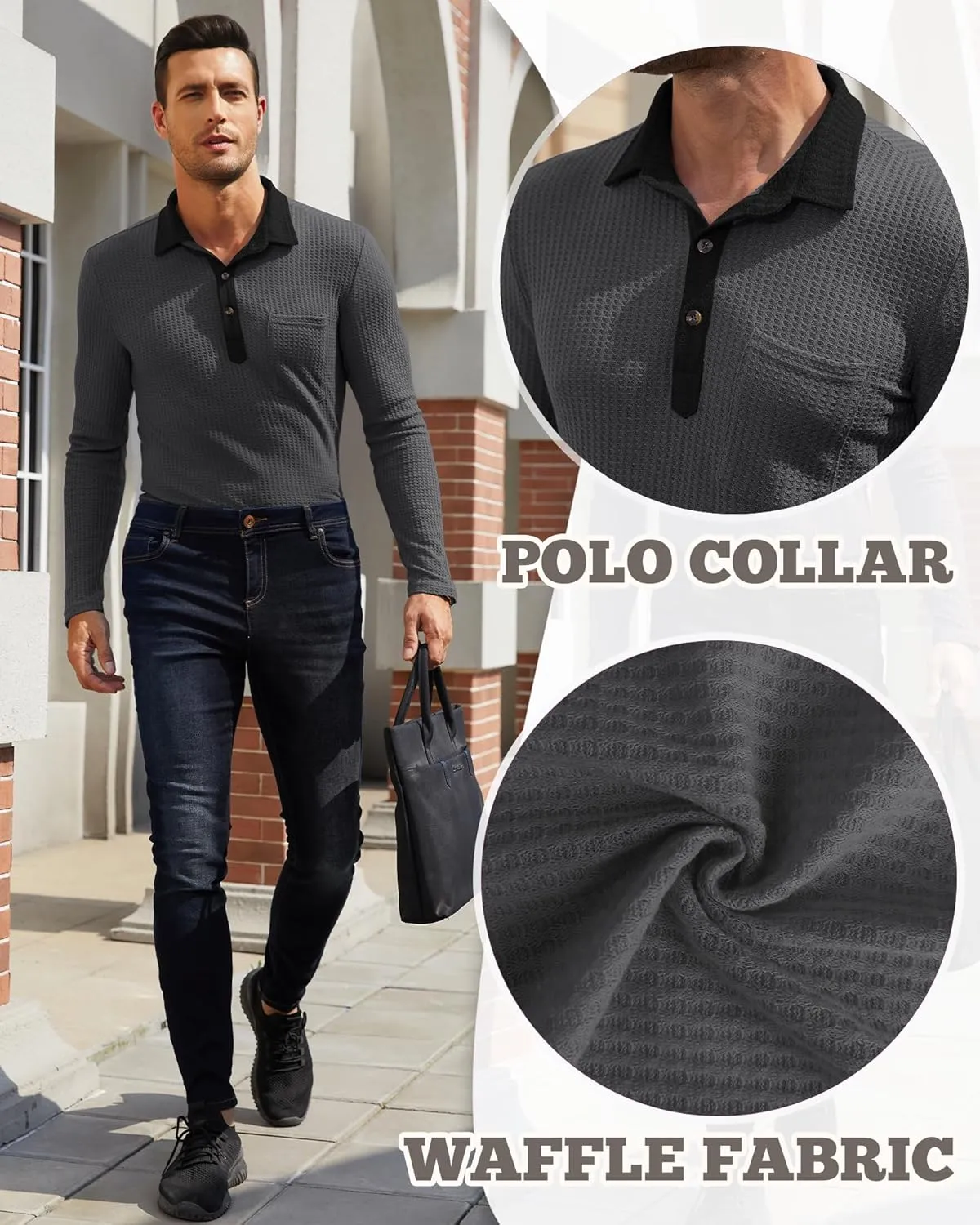 Men's Knit Long Sleeve Polo Shirts Casual Shirts Lightweight Waffle Texture Slim Fit Polo Shirts for Men with Pocket