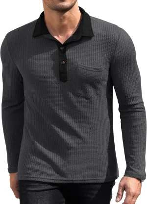 Men's Knit Long Sleeve Polo Shirts Casual Shirts Lightweight Waffle Texture Slim Fit Polo Shirts for Men with Pocket