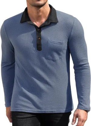 Men's Knit Long Sleeve Polo Shirts Casual Shirts Lightweight Waffle Texture Slim Fit Polo Shirts for Men with Pocket