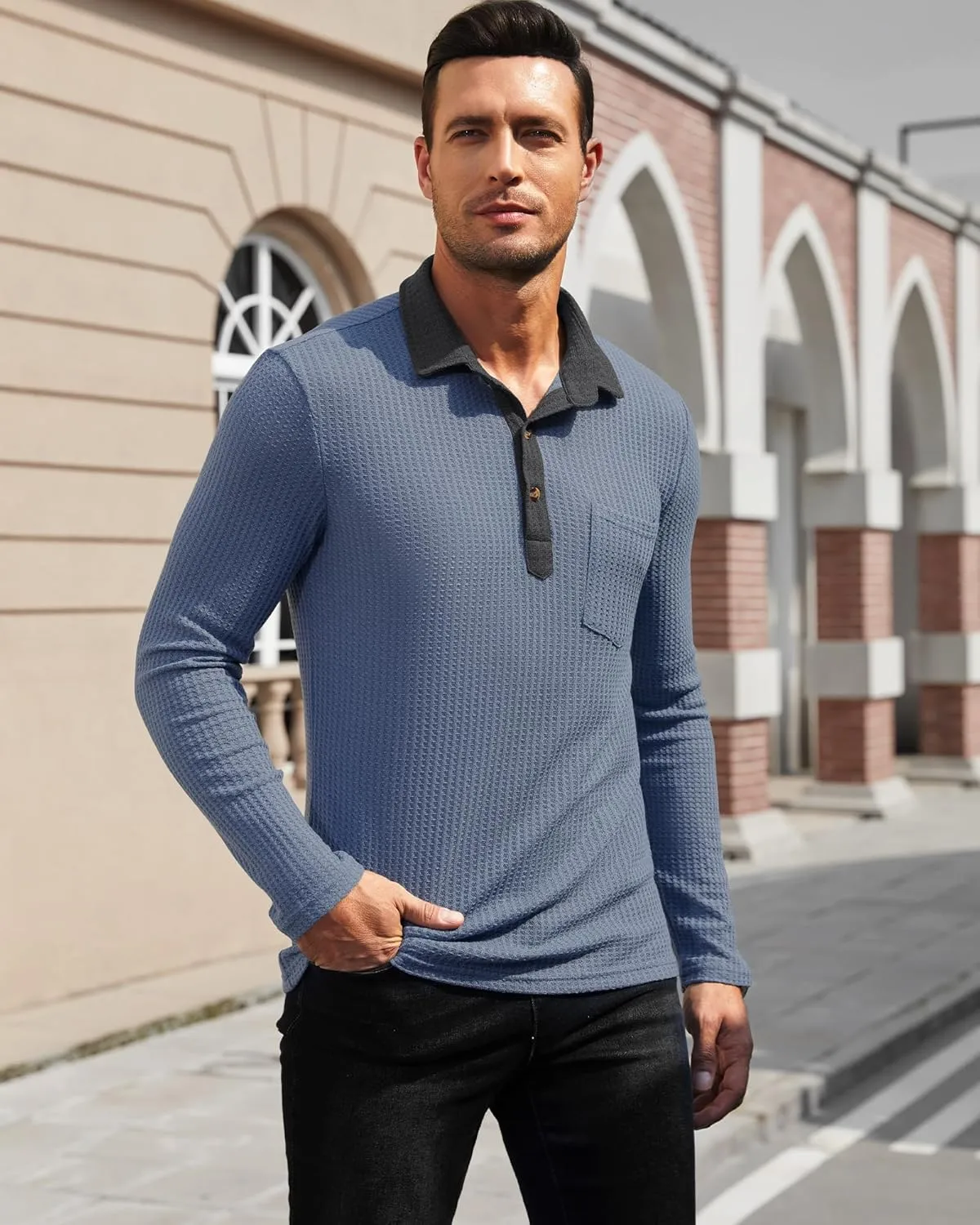 Men's Knit Long Sleeve Polo Shirts Casual Shirts Lightweight Waffle Texture Slim Fit Polo Shirts for Men with Pocket