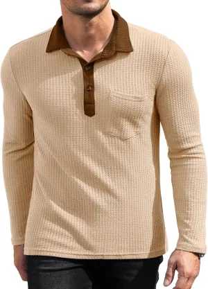 Men's Knit Long Sleeve Polo Shirts Casual Shirts Lightweight Waffle Texture Slim Fit Polo Shirts for Men with Pocket