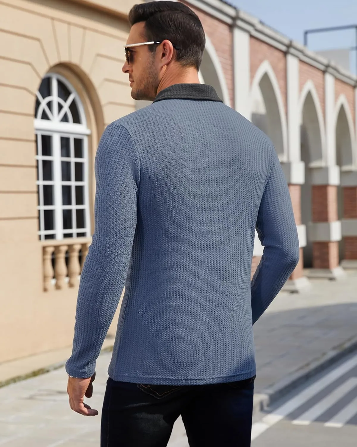 Men's Knit Long Sleeve Polo Shirts Casual Shirts Lightweight Waffle Texture Slim Fit Polo Shirts for Men with Pocket