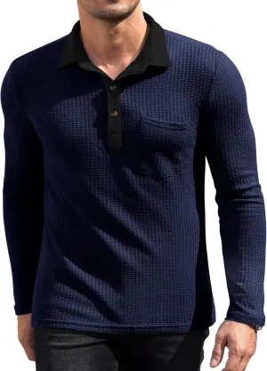 Men's Knit Long Sleeve Polo Shirts Casual Shirts Lightweight Waffle Texture Slim Fit Polo Shirts for Men with Pocket