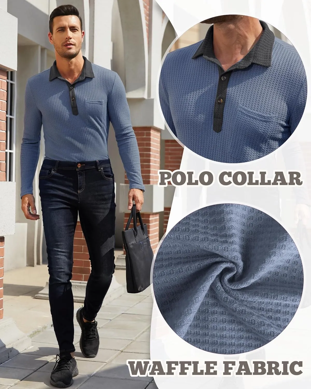 Men's Knit Long Sleeve Polo Shirts Casual Shirts Lightweight Waffle Texture Slim Fit Polo Shirts for Men with Pocket