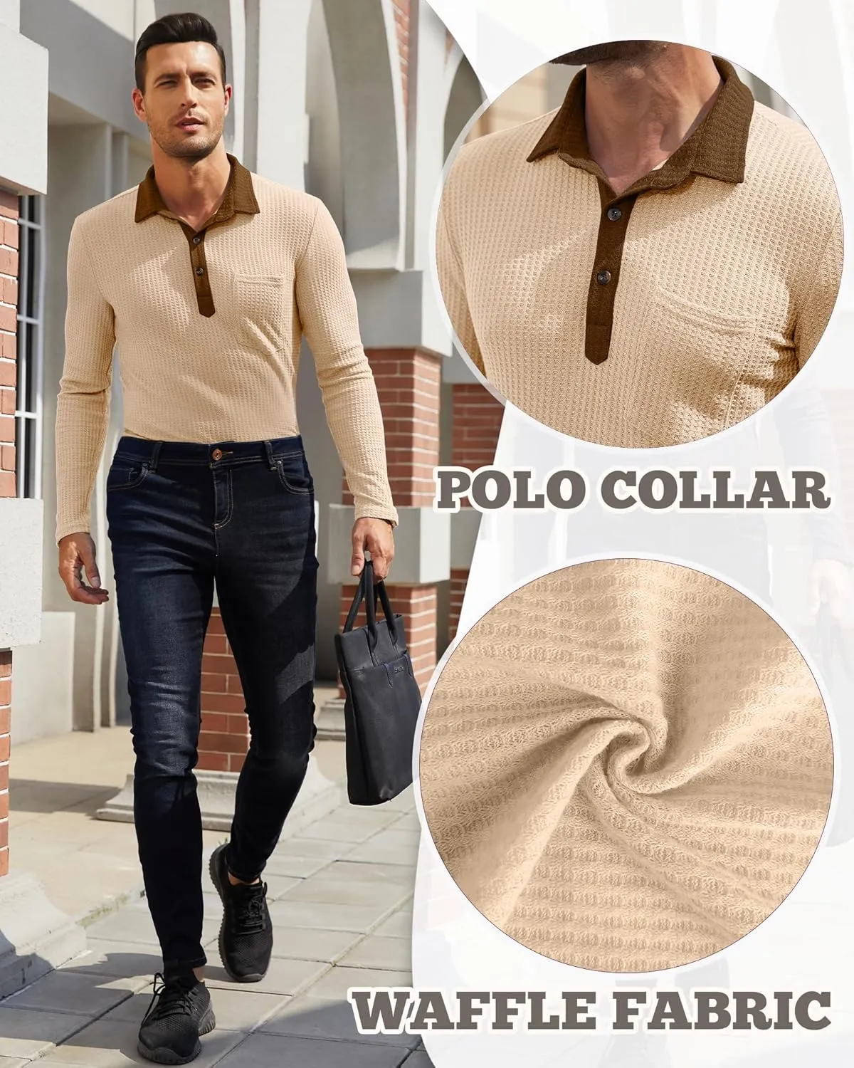 Men's Knit Long Sleeve Polo Shirts Casual Shirts Lightweight Waffle Texture Slim Fit Polo Shirts for Men with Pocket