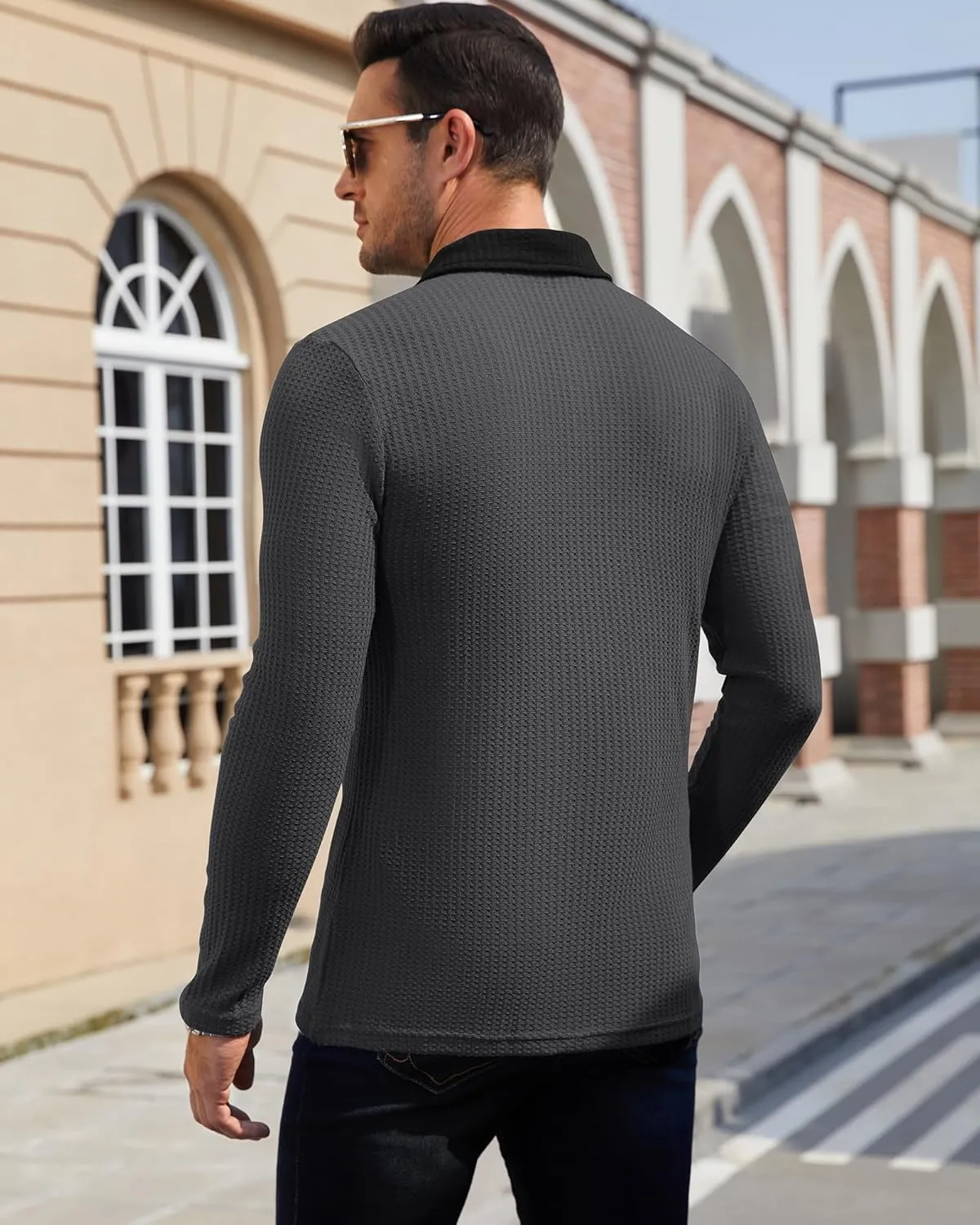 Men's Knit Long Sleeve Polo Shirts Casual Shirts Lightweight Waffle Texture Slim Fit Polo Shirts for Men with Pocket