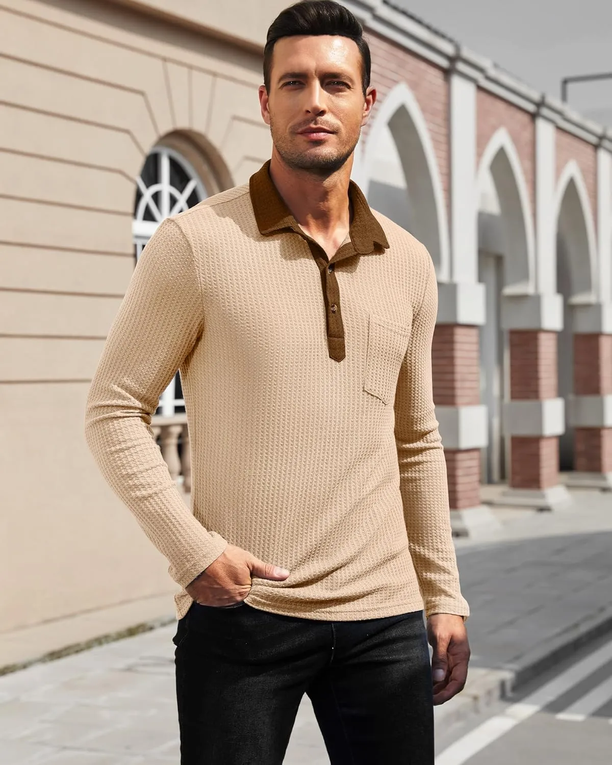 Men's Knit Long Sleeve Polo Shirts Casual Shirts Lightweight Waffle Texture Slim Fit Polo Shirts for Men with Pocket