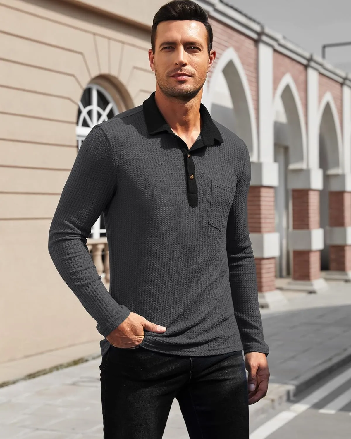 Men's Knit Long Sleeve Polo Shirts Casual Shirts Lightweight Waffle Texture Slim Fit Polo Shirts for Men with Pocket