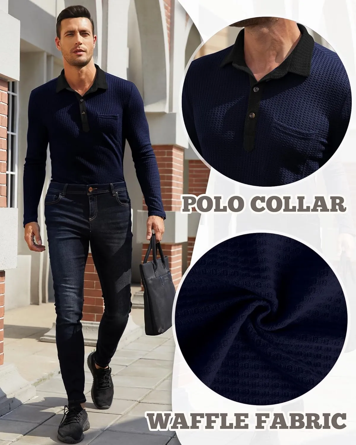 Men's Knit Long Sleeve Polo Shirts Casual Shirts Lightweight Waffle Texture Slim Fit Polo Shirts for Men with Pocket