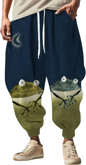 Men's Linen Harem Drawstring Pants Men's Autumn Fun Print Fashion Street Feel Casual Loose Drop Crotch Trousers Gym