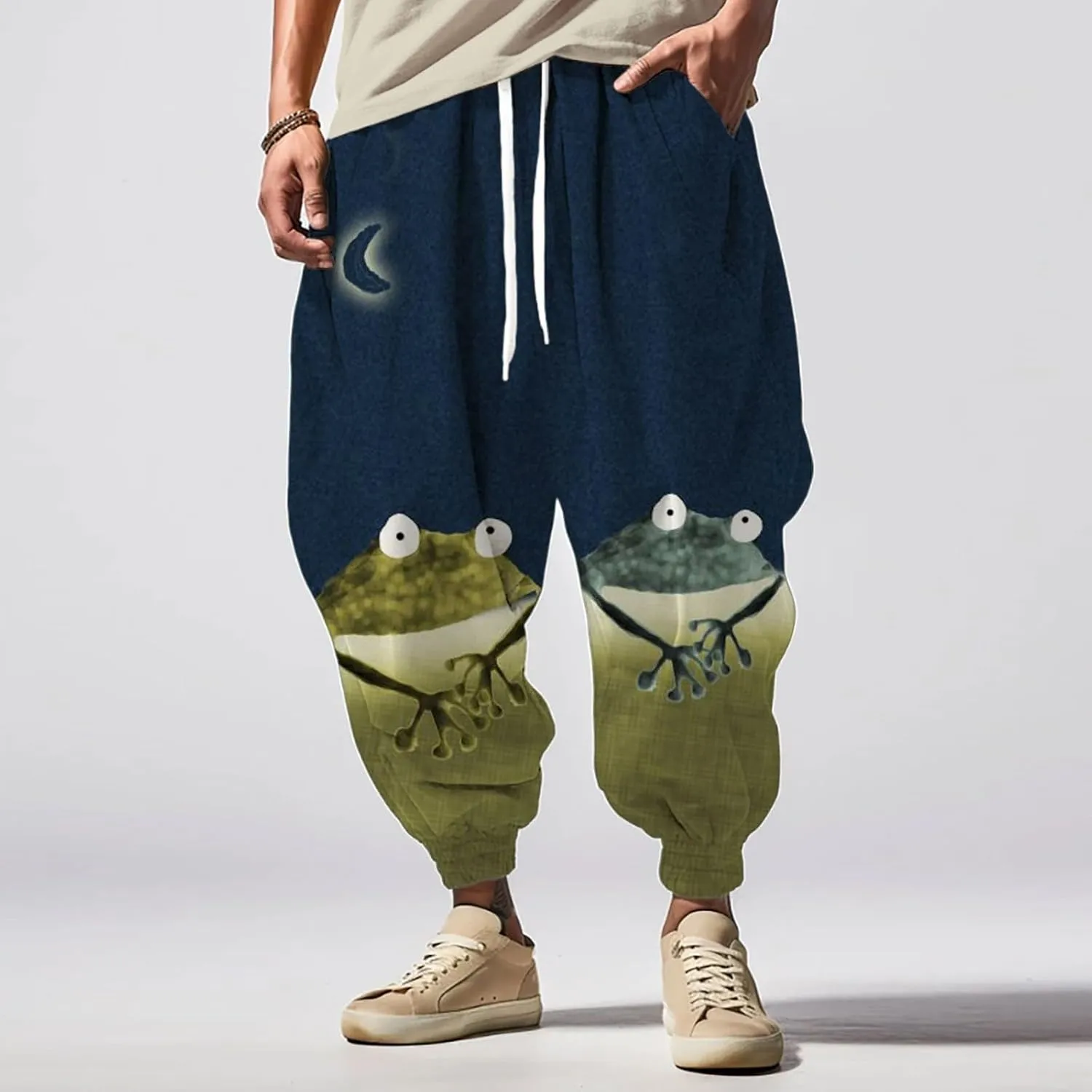 Men's Linen Harem Drawstring Pants Men's Autumn Fun Print Fashion Street Feel Casual Loose Drop Crotch Trousers Gym