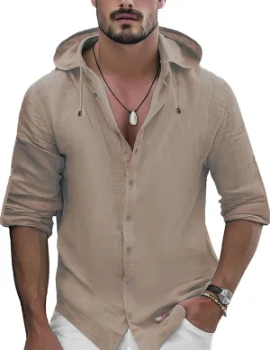 Mens Linen Shirts Casual Button Down Shirts Long Sleeve Roll-Up Sleeve Summer Beach Shirts Tops with Hood