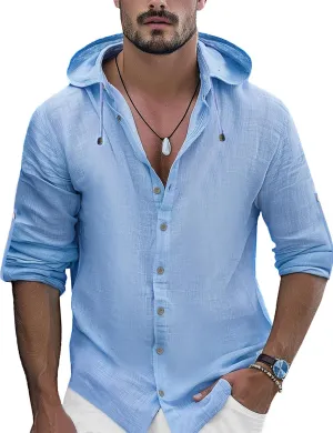 Mens Linen Shirts Casual Button Down Shirts Long Sleeve Roll-Up Sleeve Summer Beach Shirts Tops with Hood