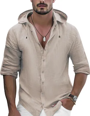 Mens Linen Shirts Casual Button Down Shirts Long Sleeve Roll-Up Sleeve Summer Beach Shirts Tops with Hood